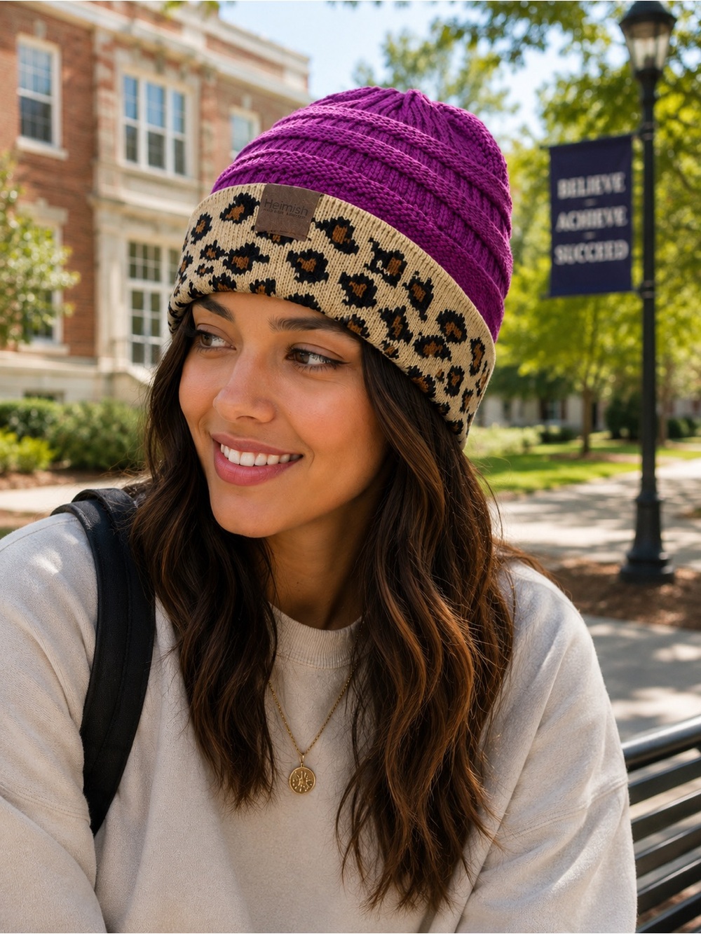Heimish Leopard Print Cuff Beanie Purple Knit Hat Boutique NWOT Unisex Cozy